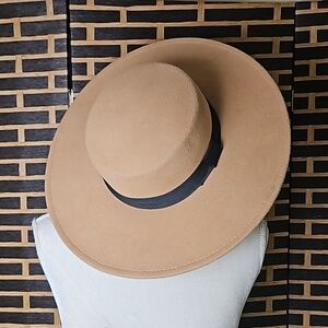 Felt Hat Wide Brim by CoG Tan with Black Ribbon VGUC